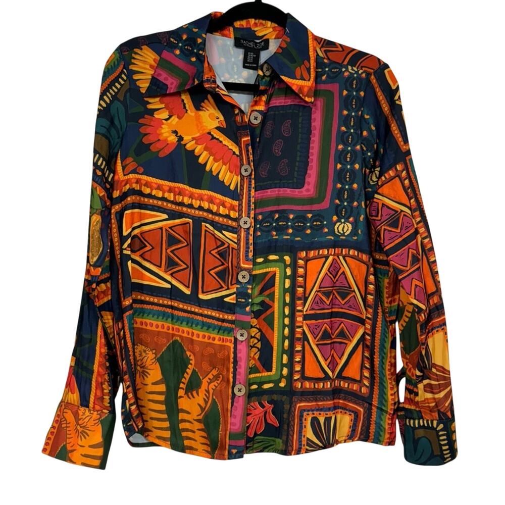 Rachel Zoe Colorful Tropical Print Button Down Shirt Womens XS Bird Palm Tree